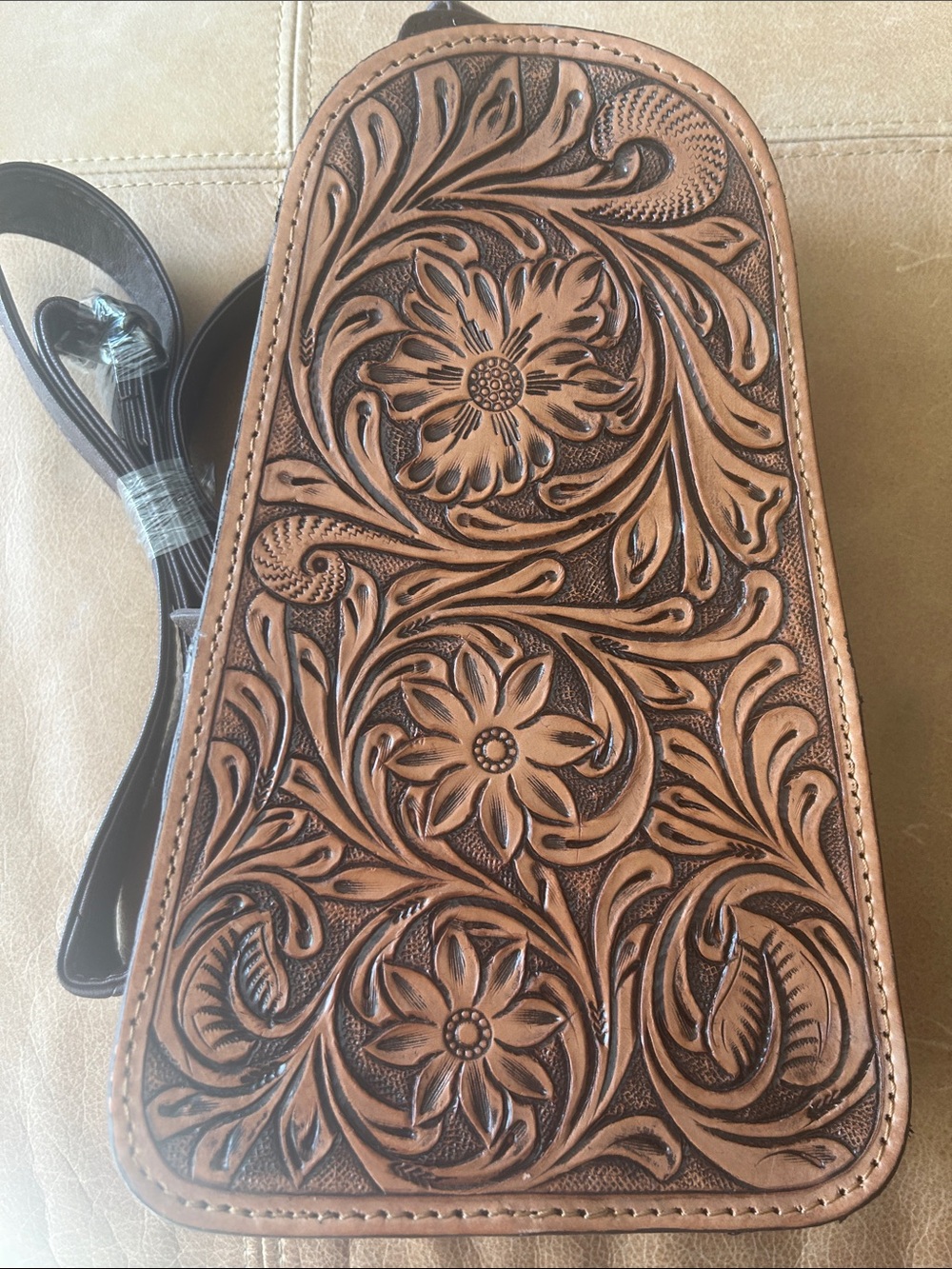Tooled Floral Leather Crossbody Bag - Brown
